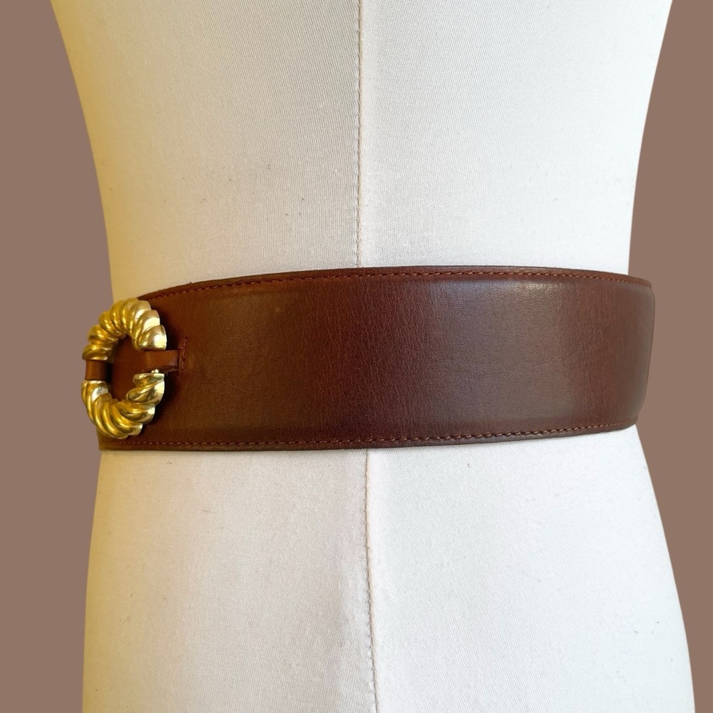 Brown Leather Statement Belt Vintage Twisted Rope Buckle Wide Waist Size S - Picture 3 of 15